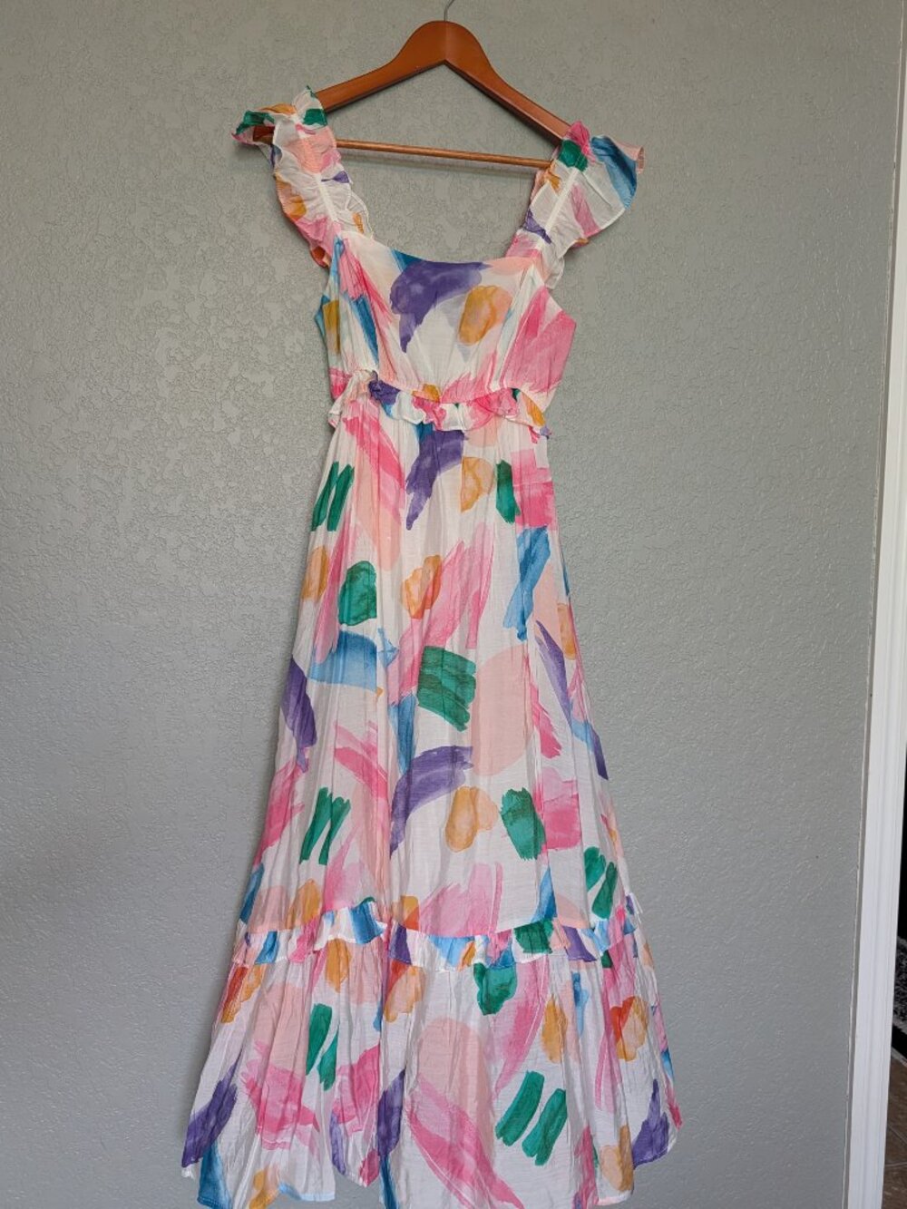 NWT Blu Pepper Brushstroke Maxi Dress Small Ruffle Smocked Tiered Multicolor